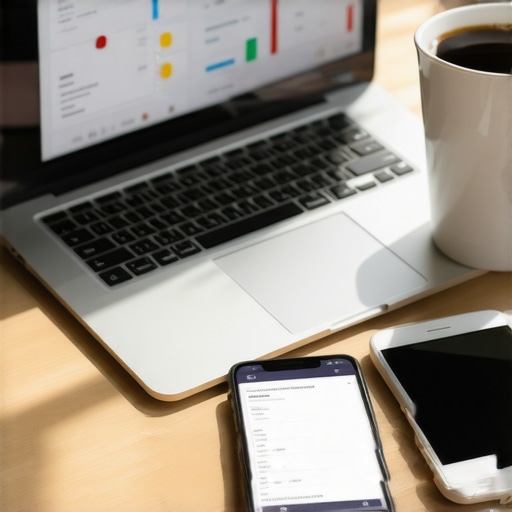 A modern desk setup showing digital accounting tools and a smartphone for receipt scanning.