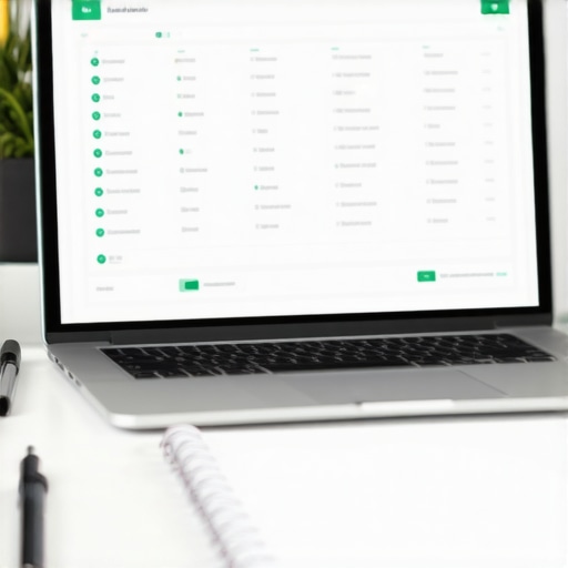 A modern digital payroll dashboard showing successful compliance checkmarks on a clean desk