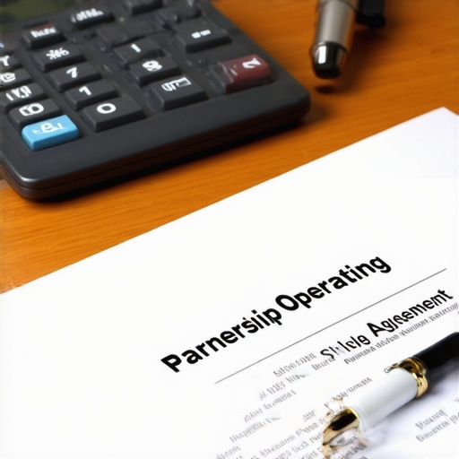 Close up of a partnership operating agreement and financial ledger for tax basis tracking.