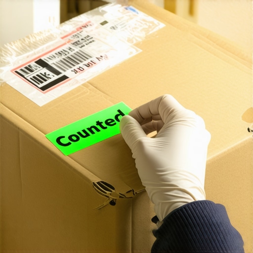 A warehouse worker using a sticker system to track physical inventory counts during a financial audit.