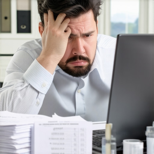 Small business owner analyzing unpaid invoices and a low bank balance.