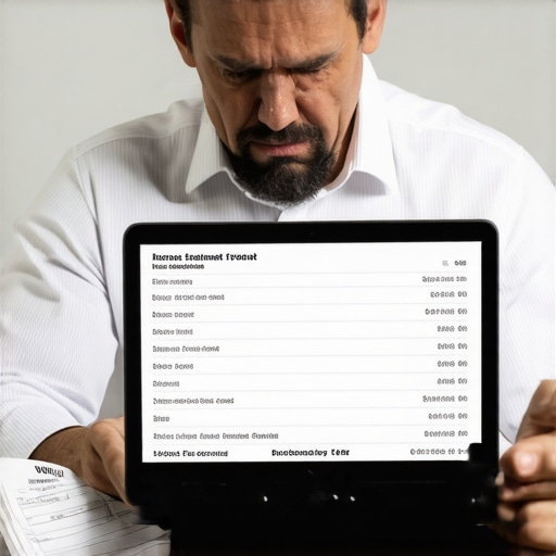 The risks of over-relying on automated bank feeds A business owner looking stressed while comparing digital accounting software with physical financial records.