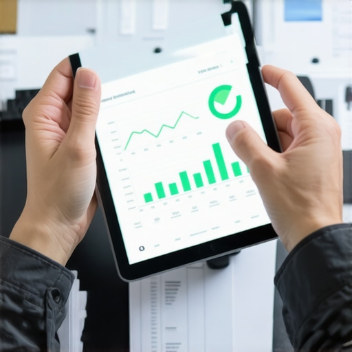 Verifying Digital Payroll Data Against Physical Records A business owner verifying digital payroll reports against physical bank statements to prevent fraud.