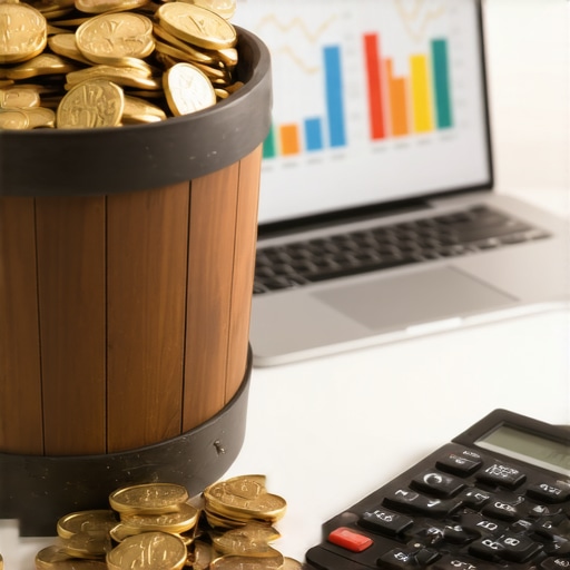 A bucket of gold coins next to a laptop showing financial spreadsheets to illustrate S-Corp tax basis tracking.