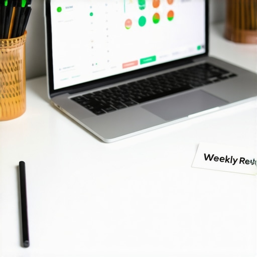 A professional workspace showing a digital accounting dashboard and a calendar highlighting a weekly bookkeeping ritual.